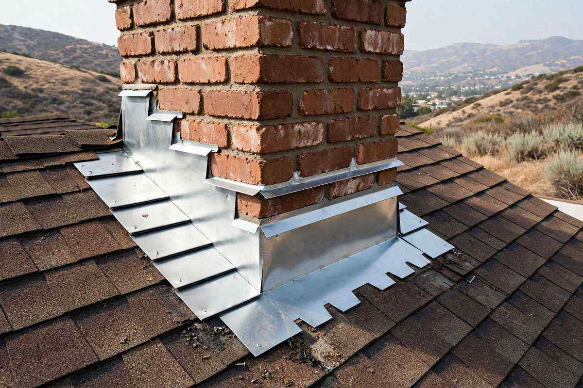 New flashing sealed around a brick chimney on a Simi Valley roof