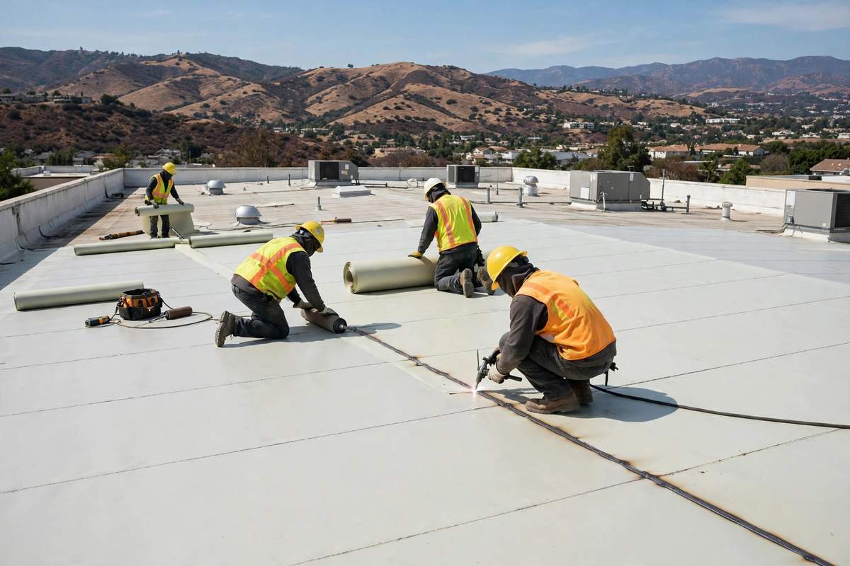 White TPO membrane on a commercial flat roof in Simi Valley