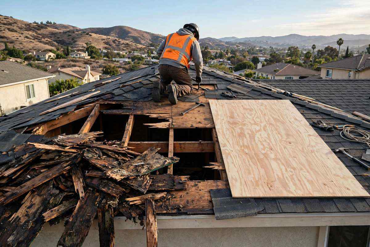Damaged roof decking exposed during a Simi Valley tear-off