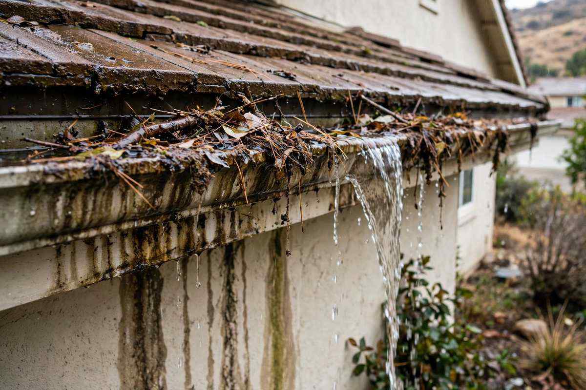 Overflowing gutter and stained fascia on a Simi Valley home