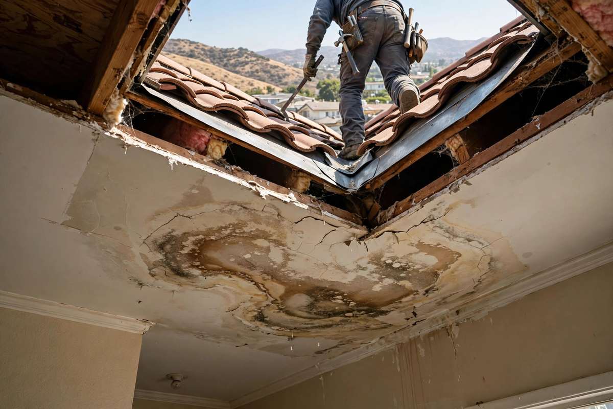 Water stain on a ceiling under a leaking Simi Valley roof