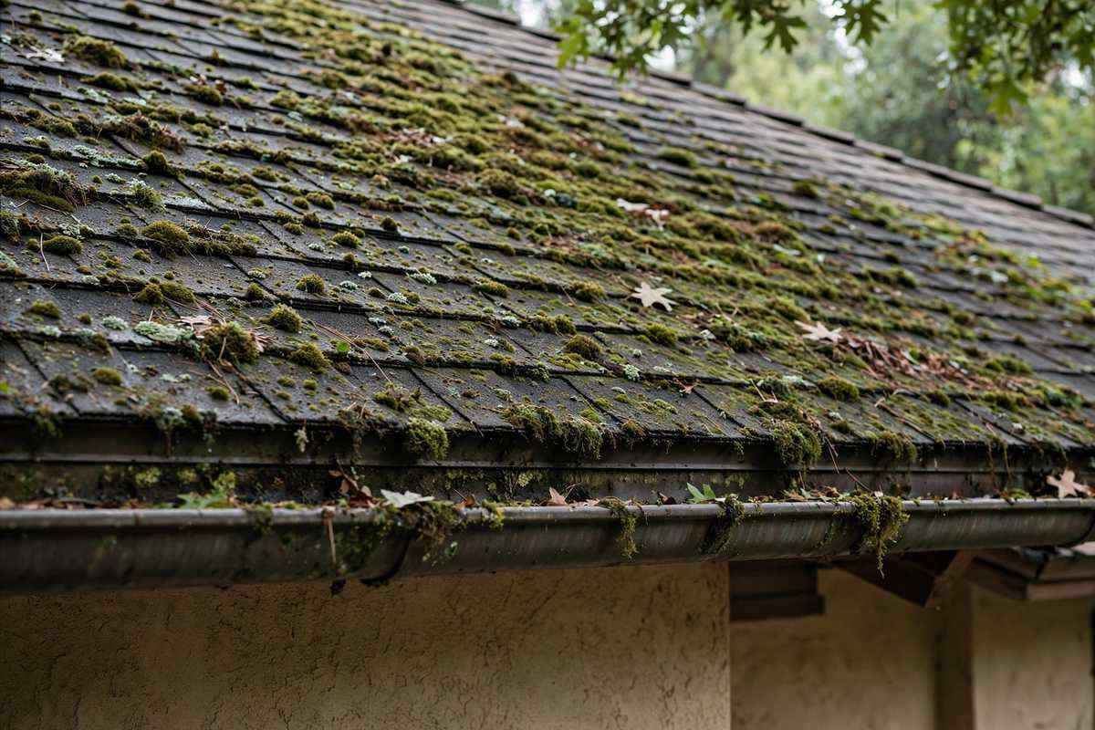 Moss growing on the shaded north slope of a shingle roof