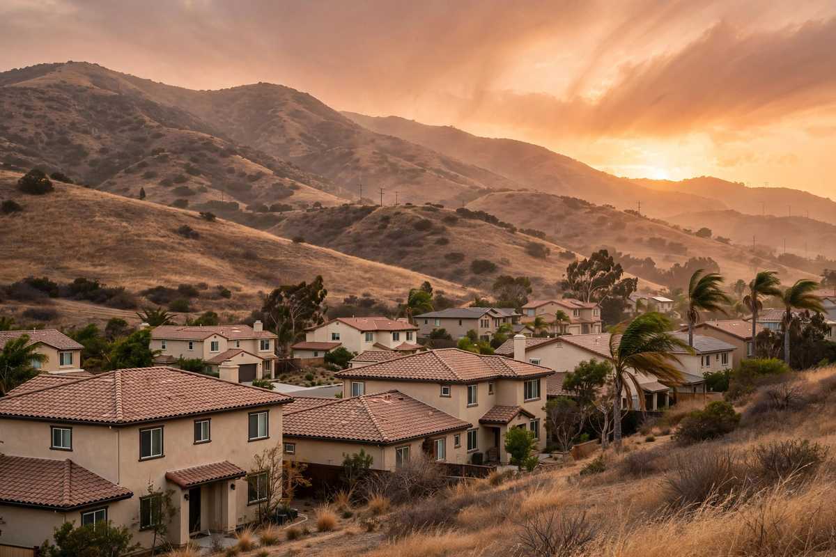 Simi Hills at sunset above Simi Valley rooftops