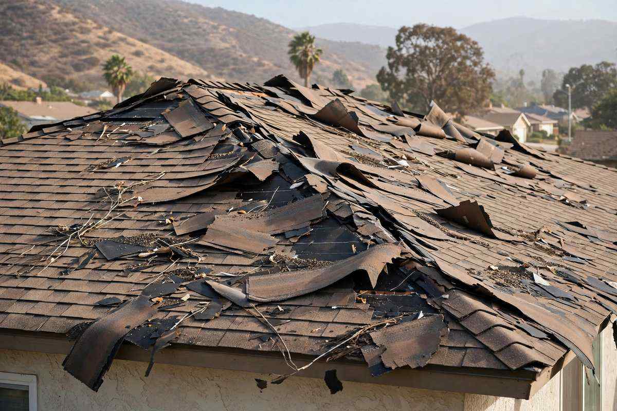 Missing shingles after wind damage on a Simi Valley roof